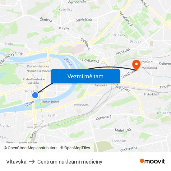 Vltavská to Centrum nukleární medicíny map