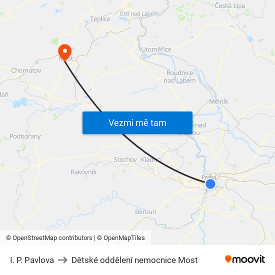 I. P. Pavlova to Dětské oddělení nemocnice Most map