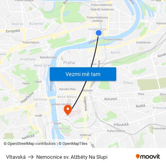 Vltavská to Nemocnice sv. Alžběty Na Slupi map