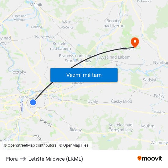 Flora to Letiště Milovice (LKML) map