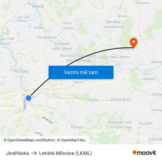 Jindřišská to Letiště Milovice (LKML) map