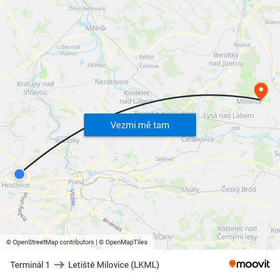 Terminál 1 to Letiště Milovice (LKML) map