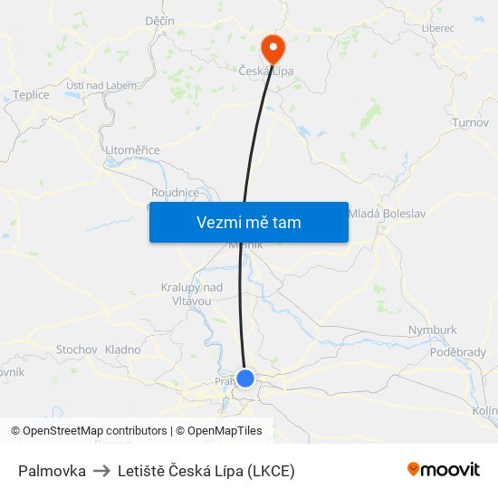 Palmovka to Letiště Česká Lípa (LKCE) map