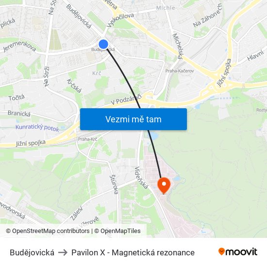 Budějovická to Pavilon X - Magnetická rezonance map