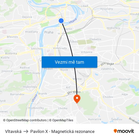 Vltavská to Pavilon X - Magnetická rezonance map