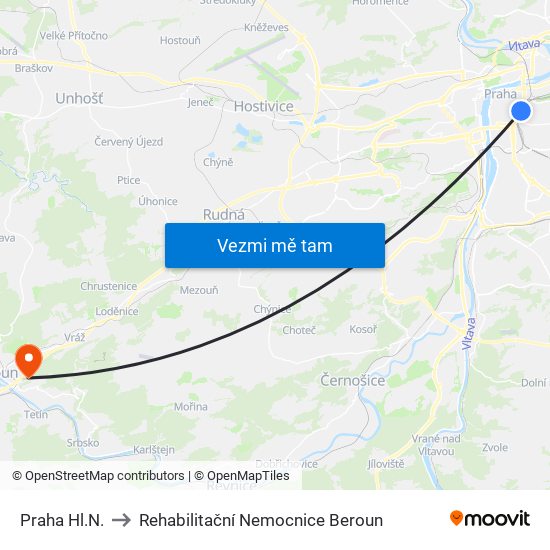 Praha Hl.N. to Rehabilitační Nemocnice Beroun map