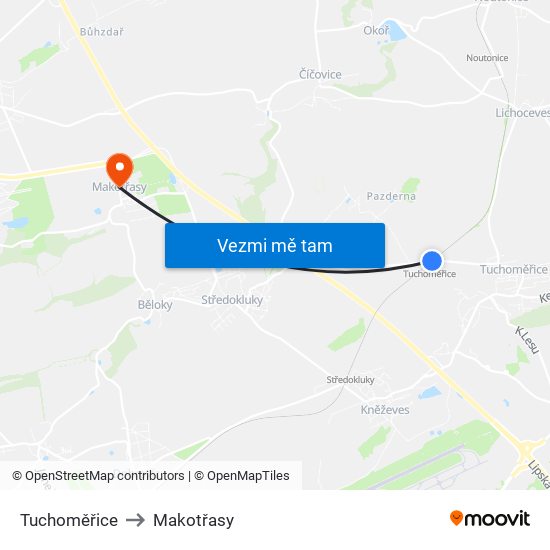 Tuchoměřice to Makotřasy map