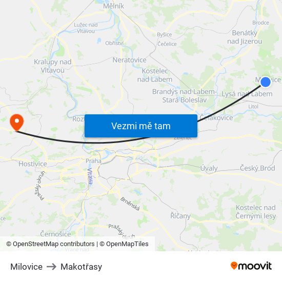 Milovice to Makotřasy map