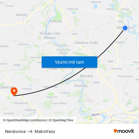 Neratovice to Makotřasy map