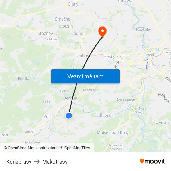 Koněprusy to Makotřasy map