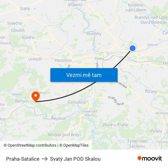 Praha-Satalice to Svatý Jan POD Skalou map