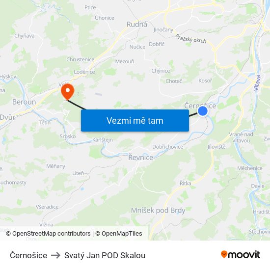 Černošice to Svatý Jan POD Skalou map