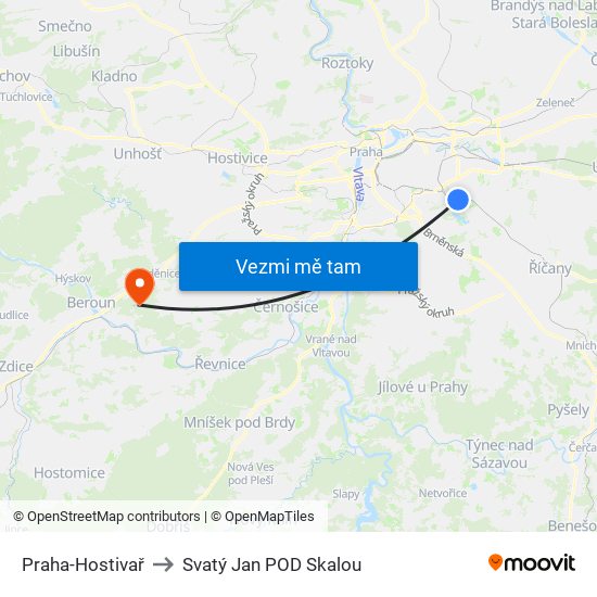 Praha-Hostivař to Svatý Jan POD Skalou map