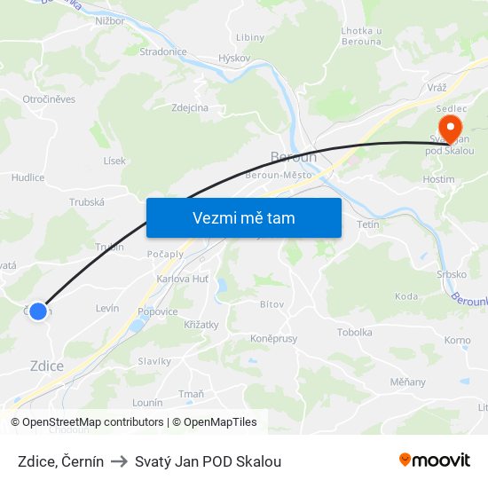 Zdice, Černín to Svatý Jan POD Skalou map