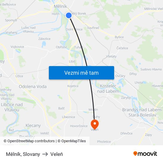 Mělník, Slovany (B) to Veleň map