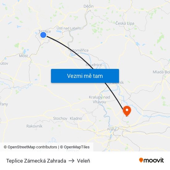 Teplice Zámecká Zahrada to Veleň map