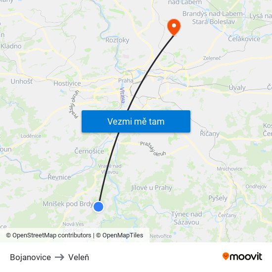 Bojanovice to Veleň map