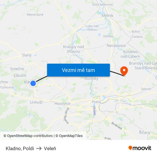 Kladno, Poldi to Veleň map