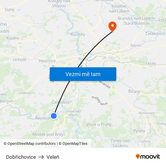 Dobřichovice to Veleň map