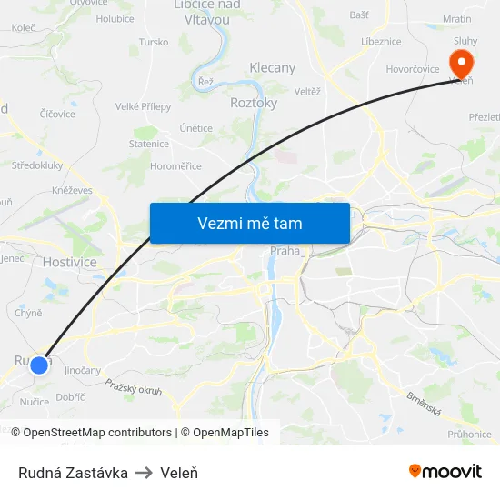 Rudná Zastávka to Veleň map