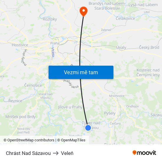 Chrást Nad Sázavou to Veleň map