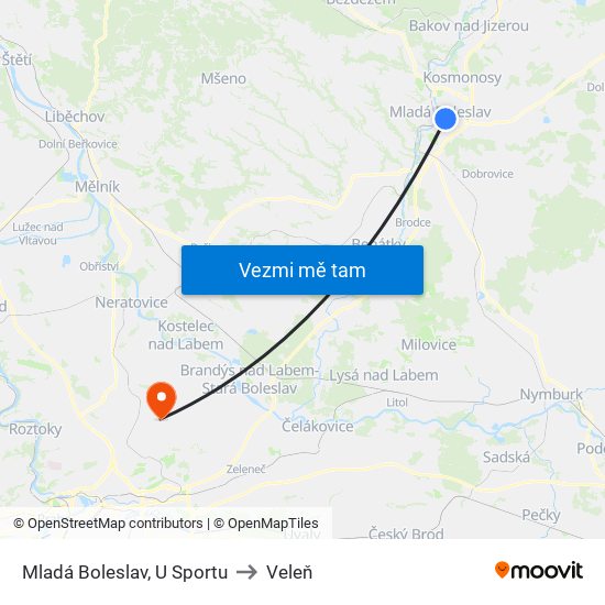 Mladá Boleslav, U Sportu to Veleň map