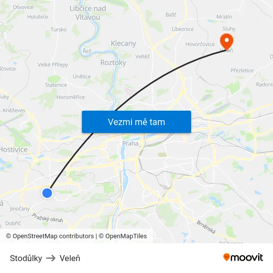 Stodůlky to Veleň map
