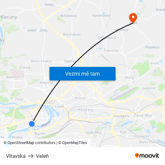 Vltavská to Veleň map