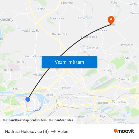 Nádraží Holešovice (B) to Veleň map