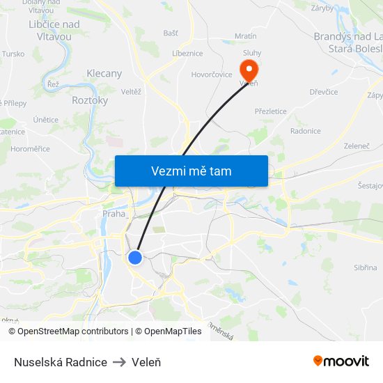 Nuselská Radnice to Veleň map