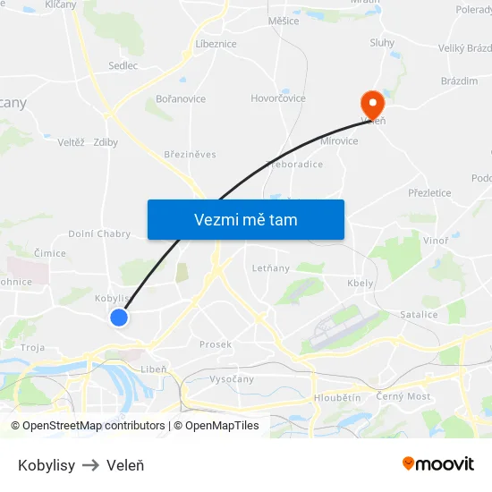 Kobylisy to Veleň map
