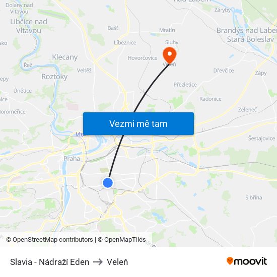 Slavia - Nádraží Eden (B) to Veleň map