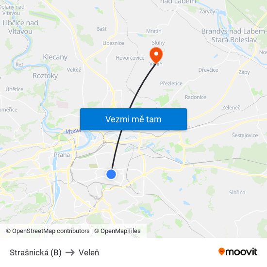 Strašnická (B) to Veleň map