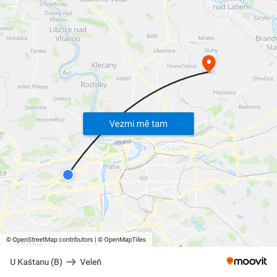 U Kaštanu (B) to Veleň map