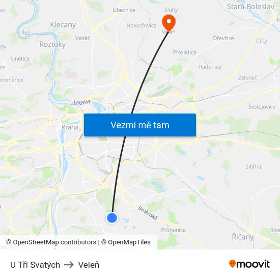 U Tří Svatých to Veleň map