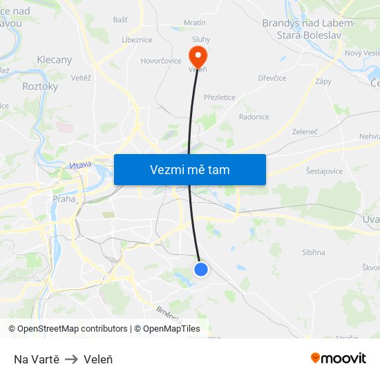 Na Vartě to Veleň map