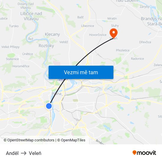 Anděl to Veleň map