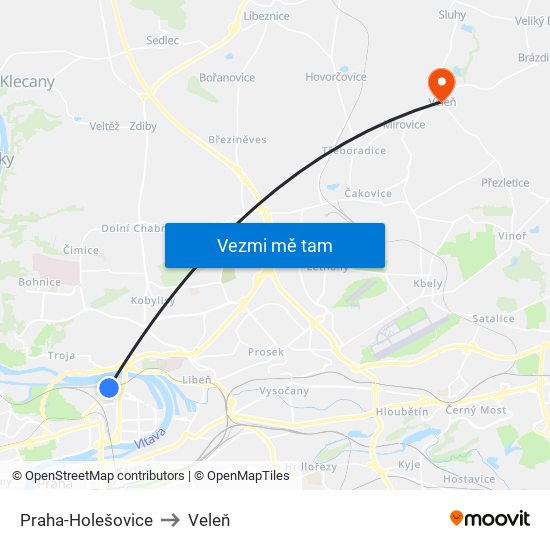 Praha-Holešovice to Veleň map