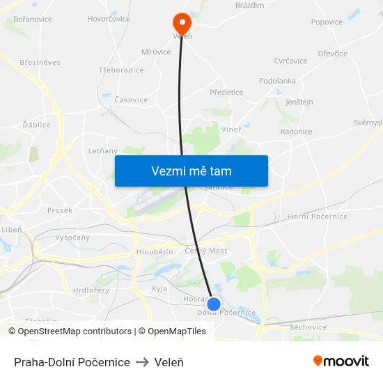 Praha-Dolní Počernice to Veleň map