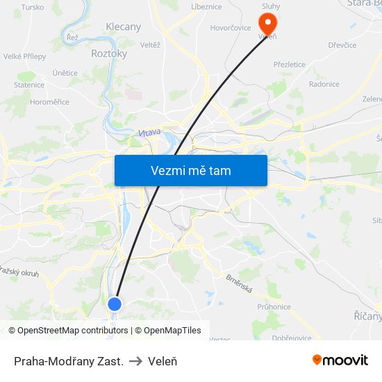 Praha-Modřany Zast. to Veleň map