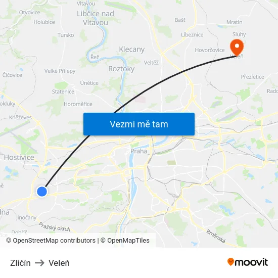 Zličín to Veleň map