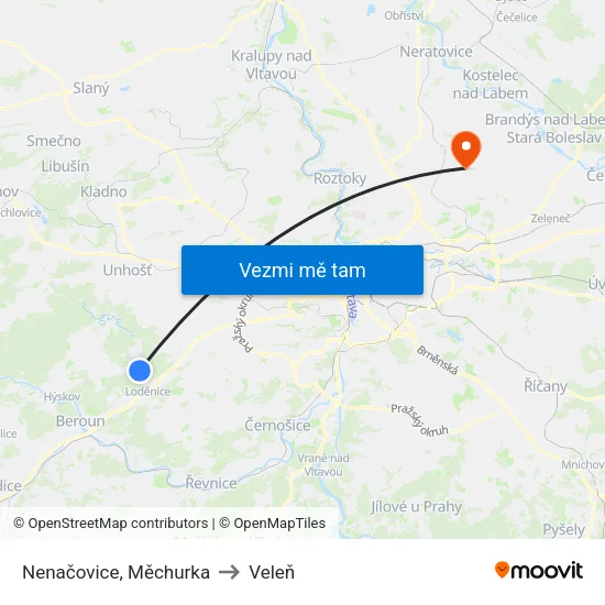 Nenačovice, Měchurka to Veleň map