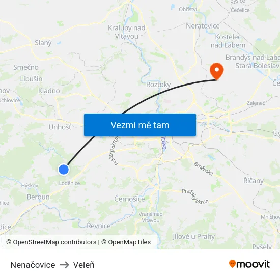 Nenačovice to Veleň map