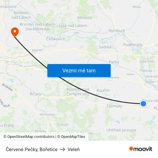 Červené Pečky, Bořetice to Veleň map