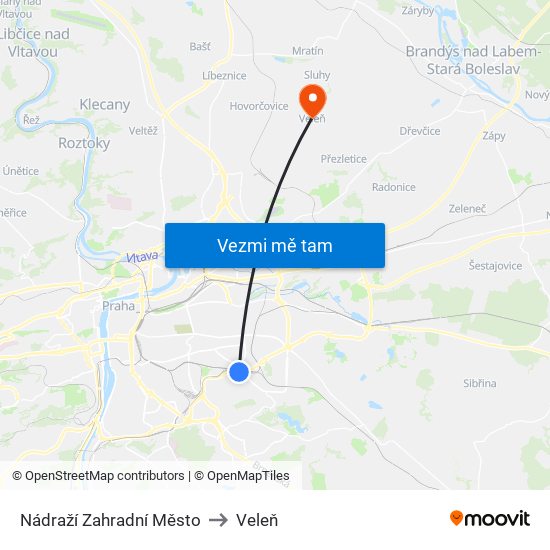 Nádraží Zahradní Město (B) to Veleň map