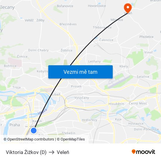 Viktoria Žižkov (D) to Veleň map