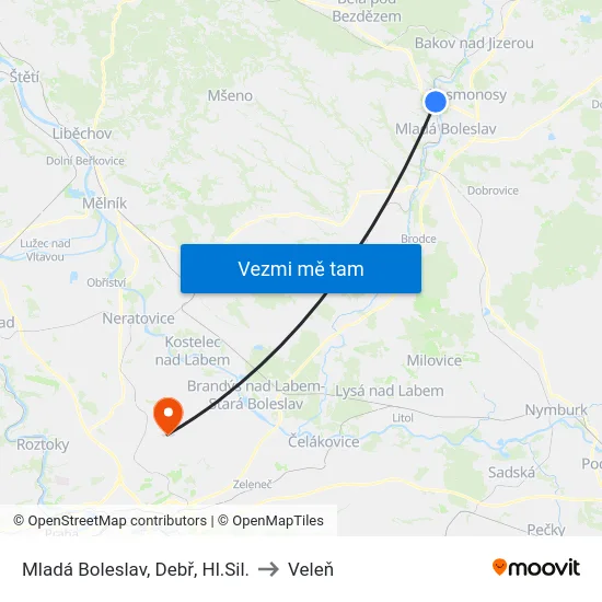 Mladá Boleslav, Debř, Hl.Sil. to Veleň map