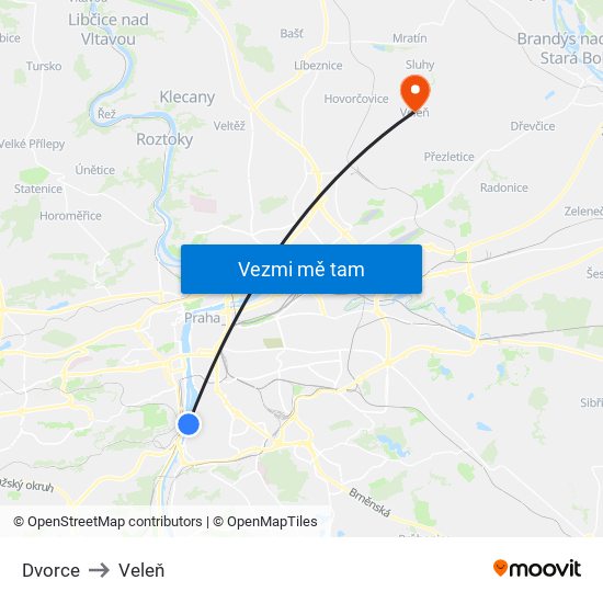 Dvorce to Veleň map