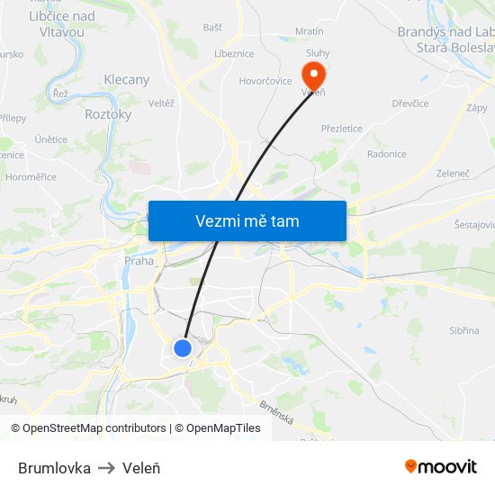 Brumlovka to Veleň map