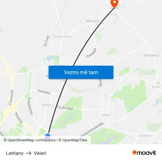 Letňany to Veleň map